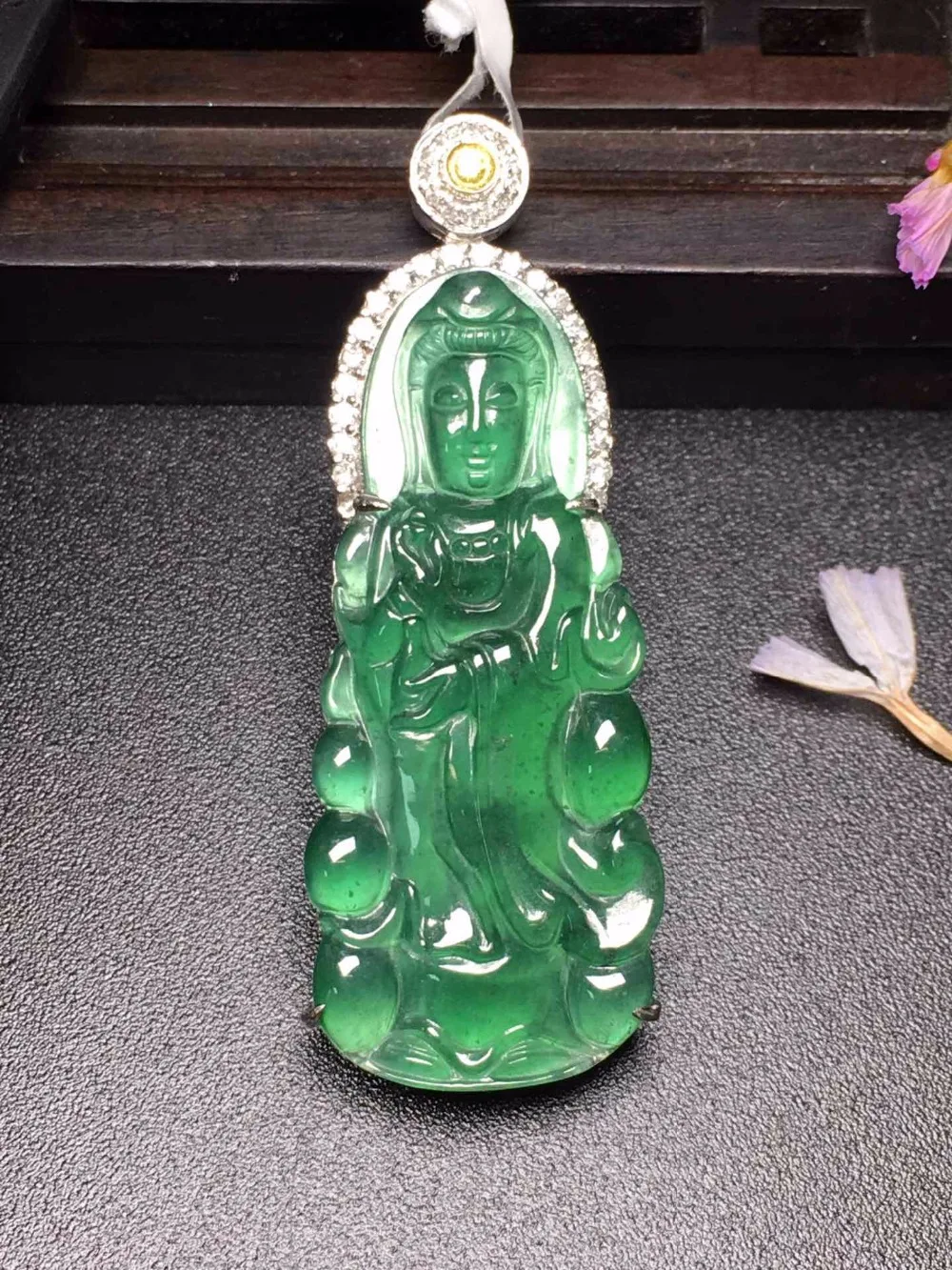

322 Fine Jewelry Real 18K White Gold Station Buddha Natural Burmes Jade Gemstones Jadite Pendant Necklace Pendants Necklaces