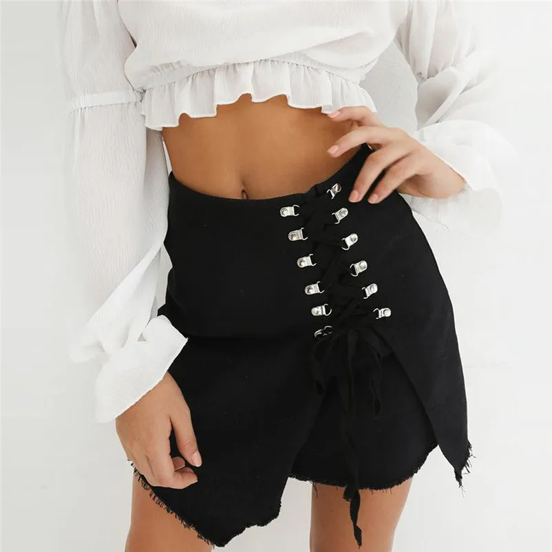 New Fashion 2018 Summer style skirts womens casual High Waist Cowboy Bandage Girls Sexy Uniform Mini Skirt Femme Saia Y04#N (6)