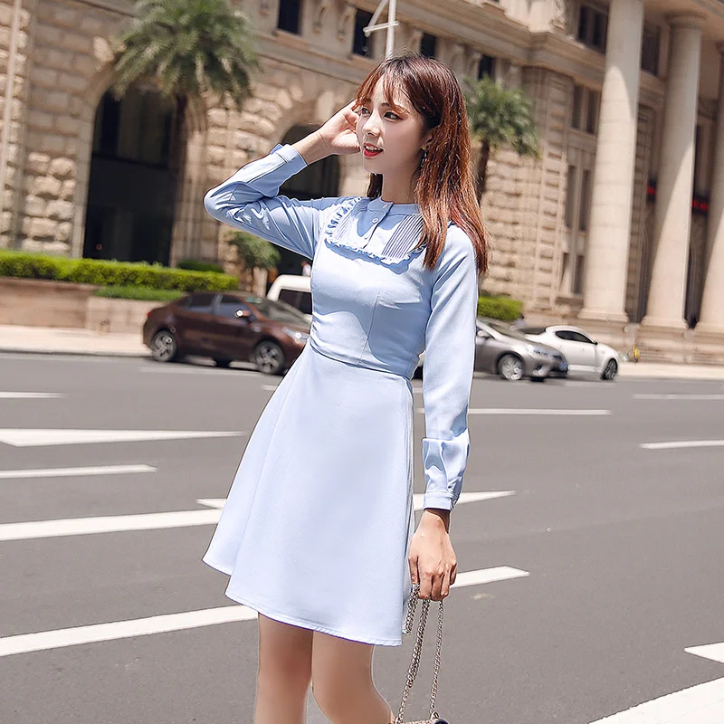 EAD Elegant Ruffle Slim Women Vintage Dress Party Solid Long Sleeve Spring Blue Dresses Office Lady Summer Button Female Vestido EAD Elegant Ruffle Slim Women Vintage Dress Party Solid Long Sleeve Spring Blue Dresses Office Lady Summer Button Female Vestido