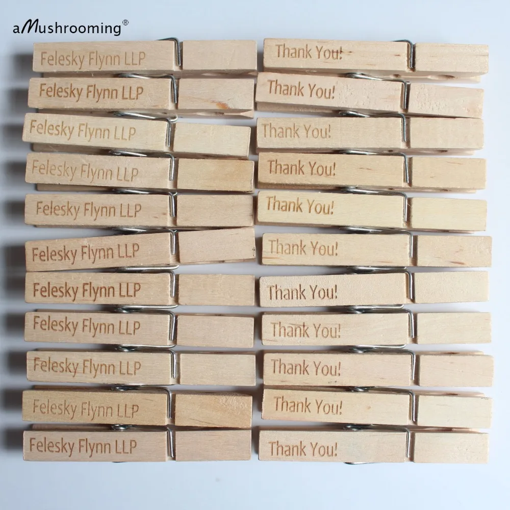

100 Customlized Engrave Large Wooden Clothespins with Custom Company LOGO and Thank you text