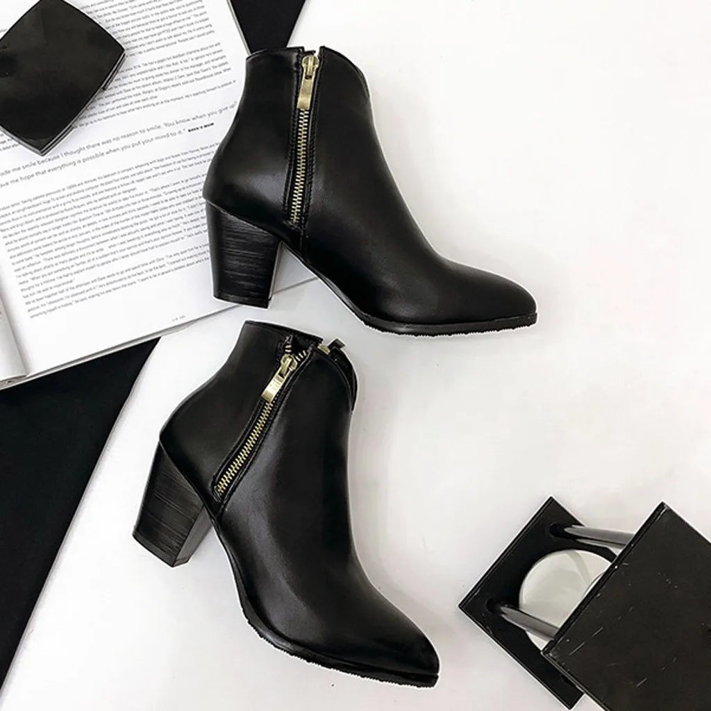 

2019 Women's Leather Boots Winter Short Boot Pointed Toe Stylish Office Lady Sexy Ankle Shoes High Heel Warm Fur Botas Side Zip
