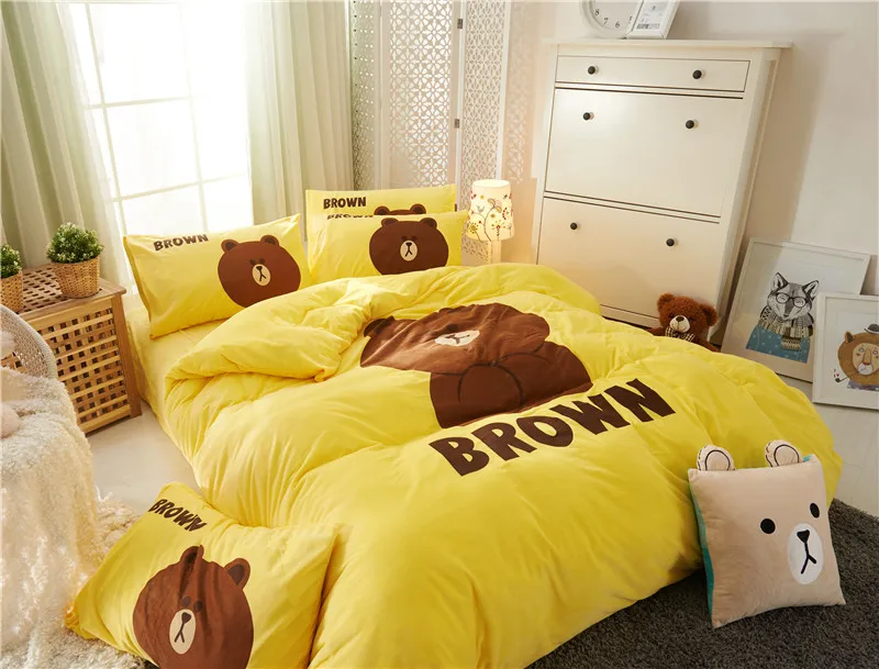 Мультяшный флисовый тканевый роскошный комплект постельного белья с медведем, Комплект постельного белья для близнецов, королев, зимнее постельное белье, желтый пододеяльник, простыня