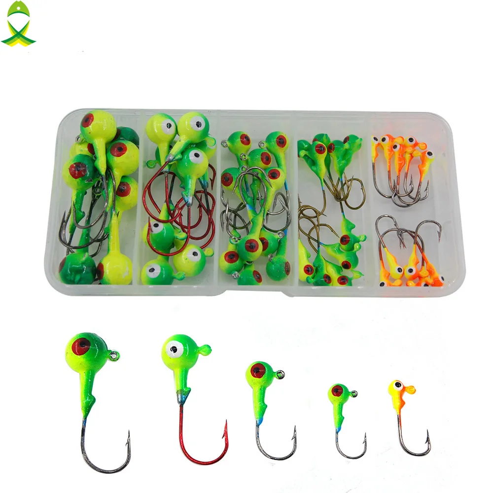 JSM 46pcs Multicolor 3D Fish Eyes Jig Head Fishing Hooks High Carbon