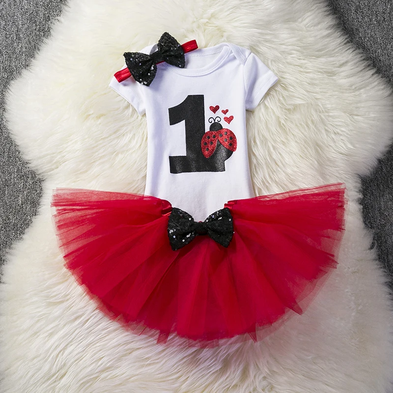 

Newborn Baby Girls Clothes 3 Pcs Sets First 1st Birthday Outfits Tutu Dress Rompers For Girls Red 1 Year Clothing Baby Gift