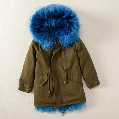 Для мальчиков и девочек, меховая имитация норки, с капюшоном, детская подкладка из лисьего меха, большой меховой воротник, детское теплое хлопковое плотное пальто, детские зимние пальто - Цвет: army green blue