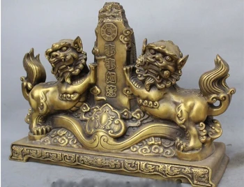 

ymying 1012+++++10" China brass gild Feng Shui town house Money drawing Foo Dogs lion Statue