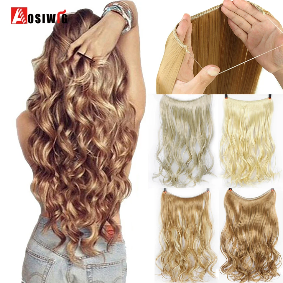 22 inches Women Fish Line Hair Extensions Heat Resistant Synthetic Invisible Wire No Clips Long Curly Hairpiece AOSIWIG