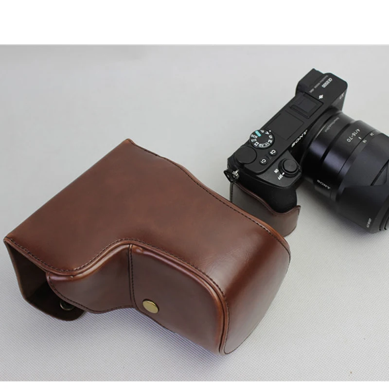 Marrón PU Cuero Bolso Bolsa de transporte para la cámara Sony a6500