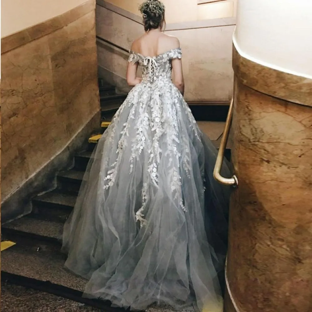 Off the Shoulder Evening Dress Long 2019 Tulle with Lace Appliques Elegant Prom Party Gown Backless Robe De Soiree Formal Dress
