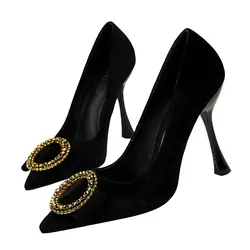 Модная обувь для торжеств на высоком каблуке замшевые туфли острым круглый бриллиант пряжкой женская обувь женские туфли-лодочки