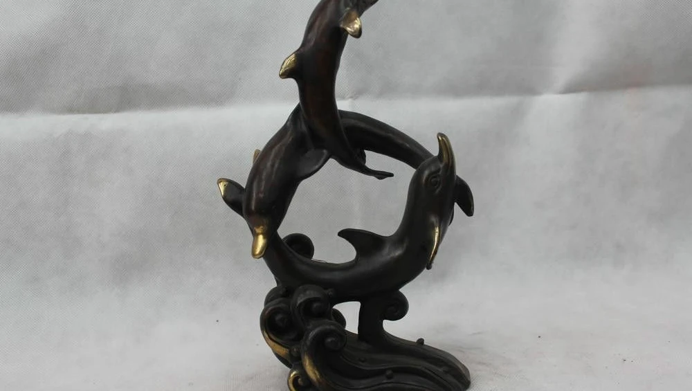 

11"China Chinese Bronze Art beautiful excellent Three dolphin Play Statue