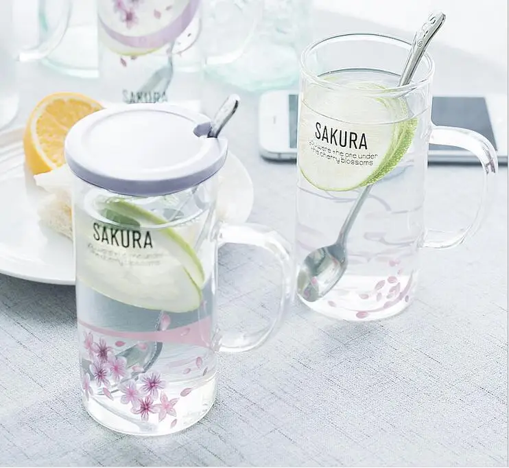 Сакура дизайн стеклянная чашка высокое качество стеклянная пивная чашка цветочный дизайн кружка с ложкой украшение дома свадебный подарок
