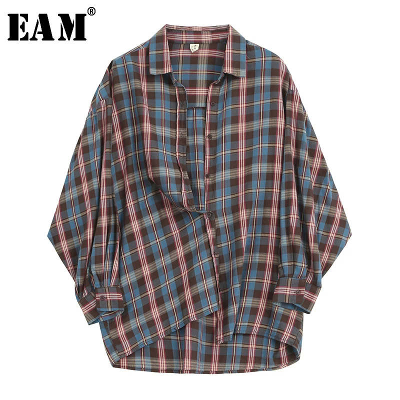 

[EAM] 2019 Spring Woman Stylish Hit Color Plaid Pattern Long Sleeve Turn-down Collar Loose Single Breasted Shirt All Match LI119