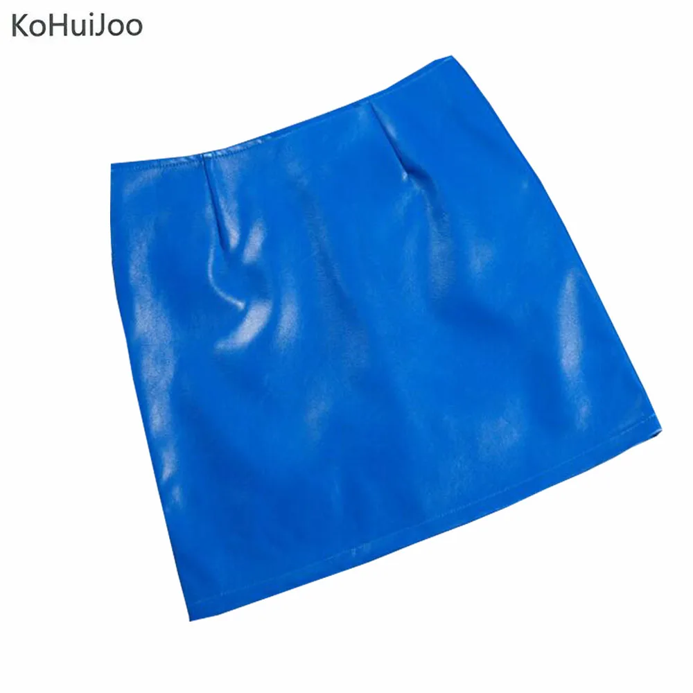 

KoHuiJoo 2019 Spring Summer Women pu Pencil Lether Skirt Black Blue Slim Sexy Short Casual Leather Skirts Elegant Fashion Skirt