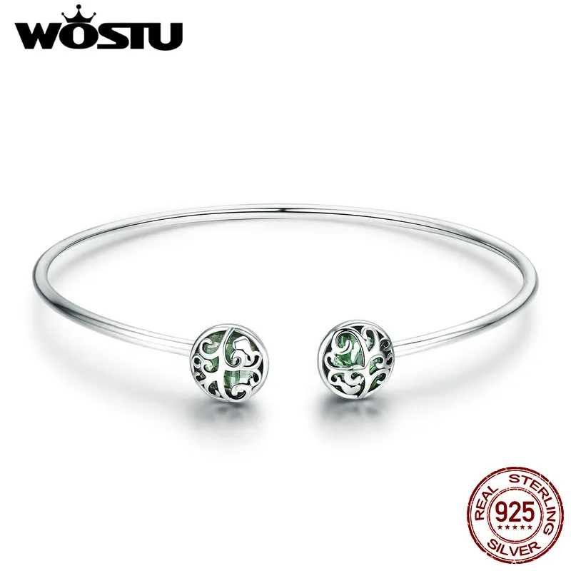 

WOSTU Real 925 Sterling Silver Tree of Life Green Crystal CZ Women Open Cuff Bangle & Bracelet Luxury Silver Jewelry FIB057