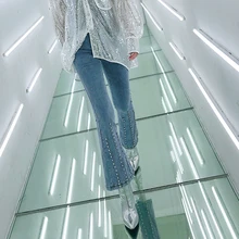 7mang, новинка весны, женская уличная одежда, алмазная вышивка бисером, расклешенные джинсовые штаны, обтягивающие, вечерние, синие джинсы с высокой талией, 0225