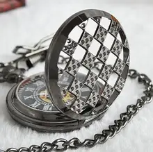 Vintage Black Steampunk Roman Dial Skeleton Full Metal Windup Mechanical Pocket Watch With Chain Pendant