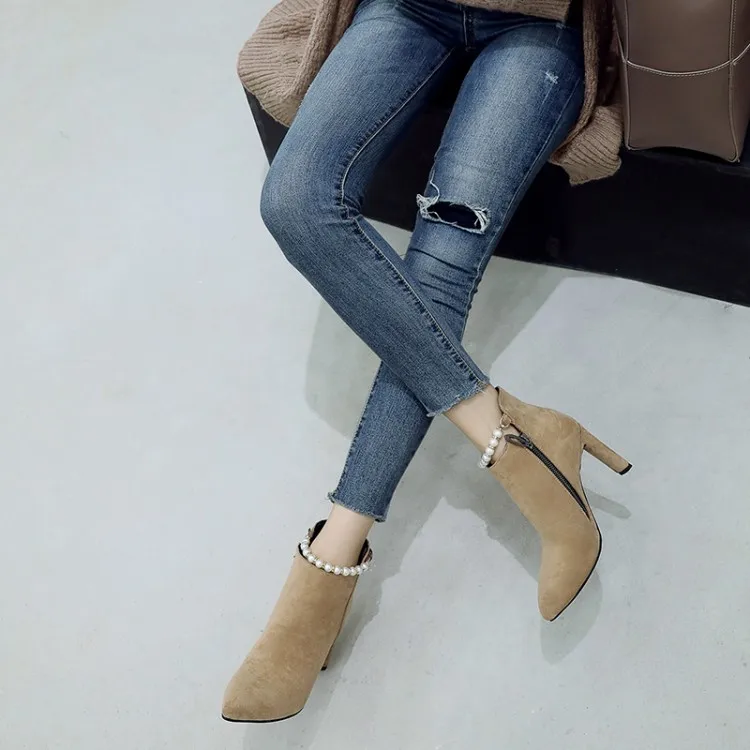 

Big Size 9 10 11 12 boots women shoes ankle boots for women ladies boots Pearl trim metal trim side zipper solid color