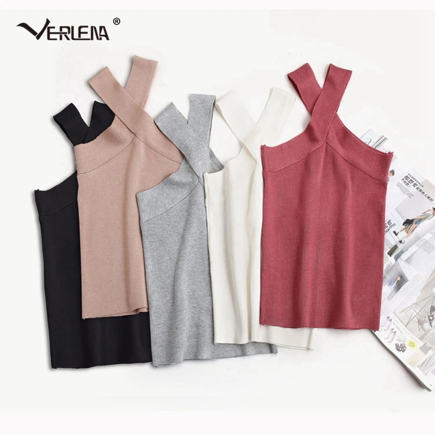 

Verlena 2019 Solid White Black T Shirt Women Cross Front Simple Summer Knitted Tops Sexy Streetwear Tshirt Sleeveless T-shirt