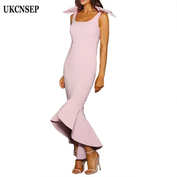 

UKCNSEP Sexy 2020 Bandage Dress Trumpet Elegant Pink Celebrity Evening Party Summer Dress Women Straps Bows Vestidos