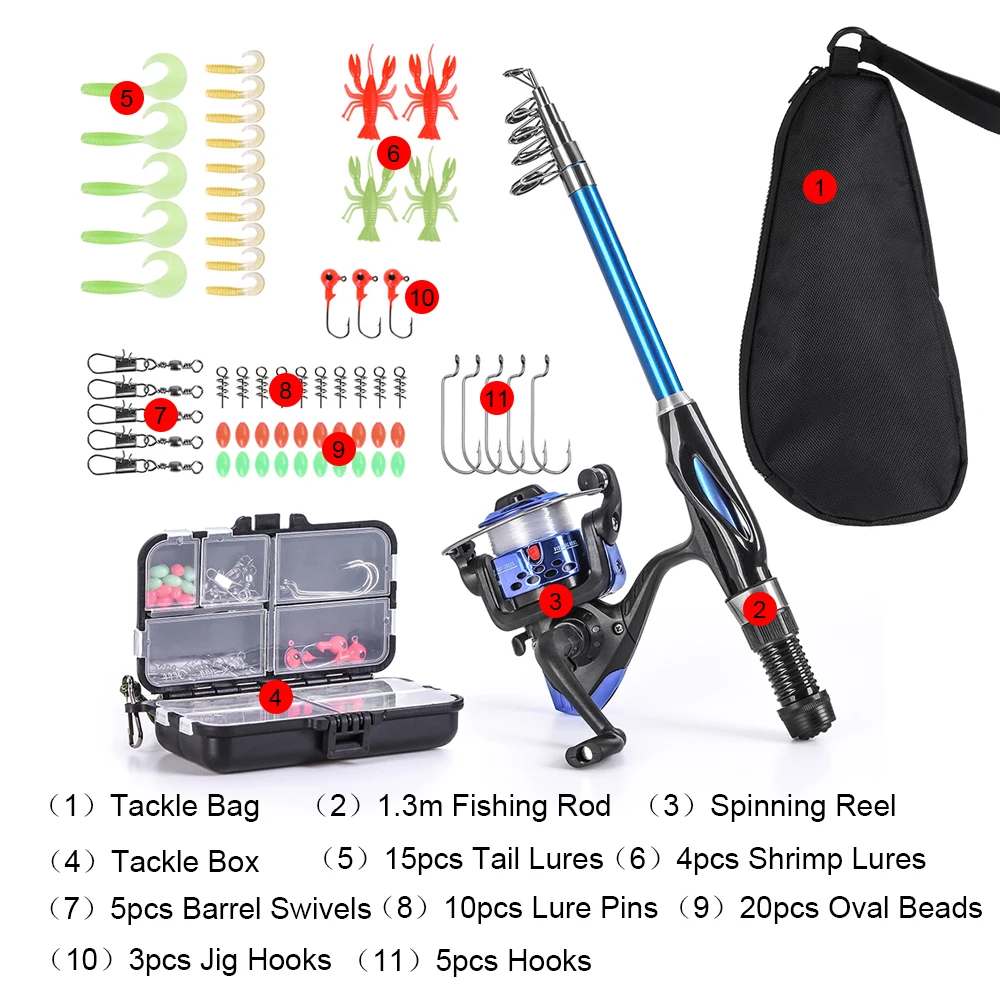 Full Fishing Kits Fishing Rod And Reel Combo Telescopic Fishing Rod Spinning Reel Set with Hooks Soft Lures Barrel Swivels Bag Full Fishing Kits Fishing Rod And Reel Combo Telescopic Fishing Rod Spinning Reel Set with Hooks Soft Lures Barrel Swivels Bag