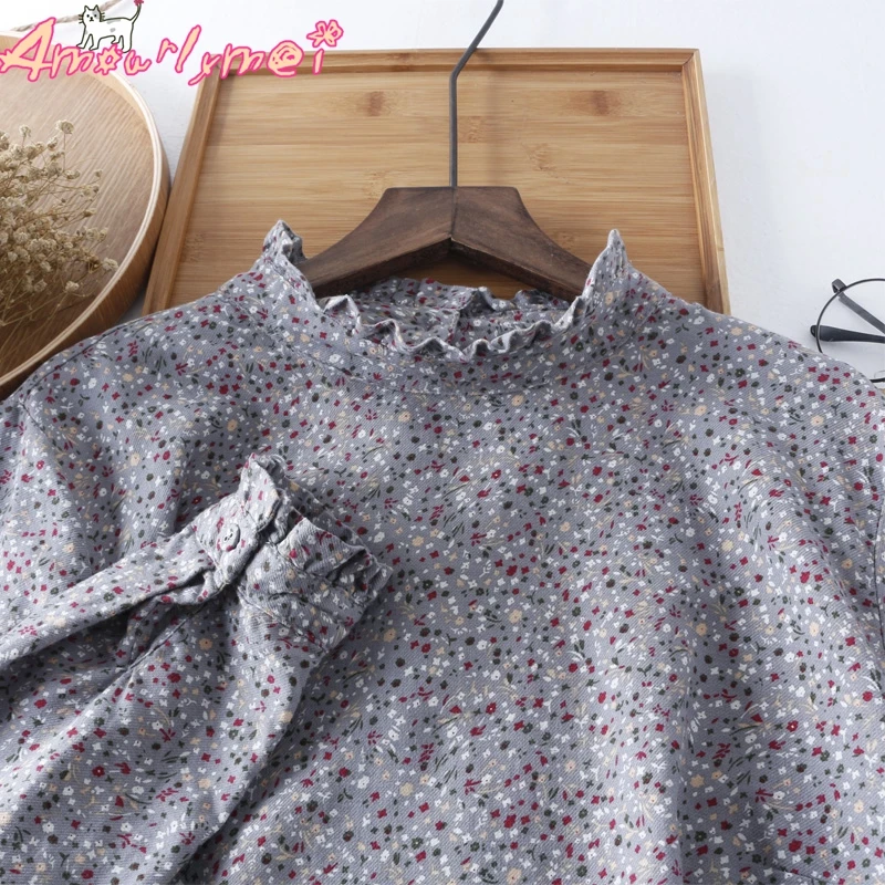 

Sweet Ruffles Stand Collar Long Sleeve Blouse Mori Girl 2019 Spring Women Vintage Floral Print Cotton Casual Shirt Female Blusas