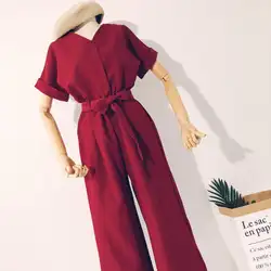 2018 новые модные женские комбинезоны сплошной цвет v-образный вырез с коротким рукавом с высокой талией галстук до щиколотки комбинезон