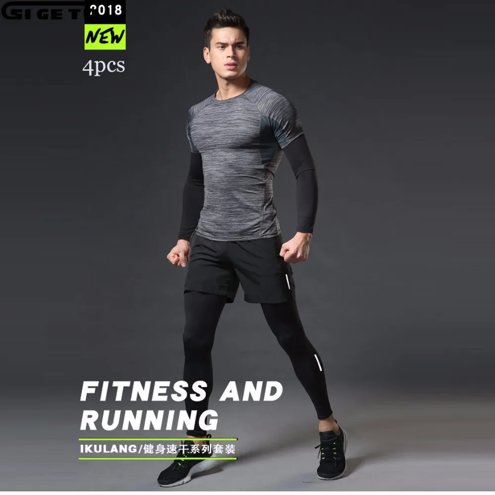 

4 Pieces Mens Sports Suits Running Clothes For Men Short Compression Tights Gym Fitness T Shirt Cropped Pants Quick Dry Sets