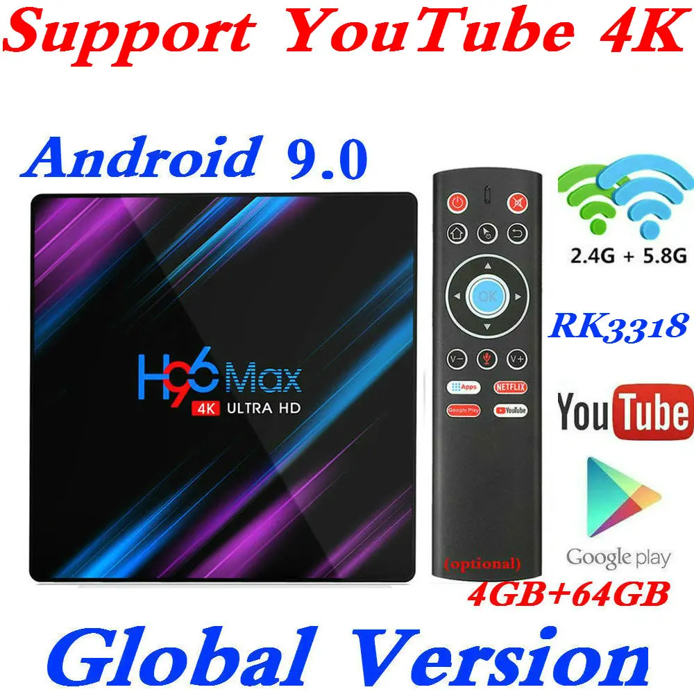 جديد H96 ماكس RK3318 مربع التلفزيون الذكية الروبوت 9.0 4 GB RAM 64 GB 4 K WiFi مشغل الوسائط جوجل صوت مساعد دعم نيتفليكس يوتيوب 4 K