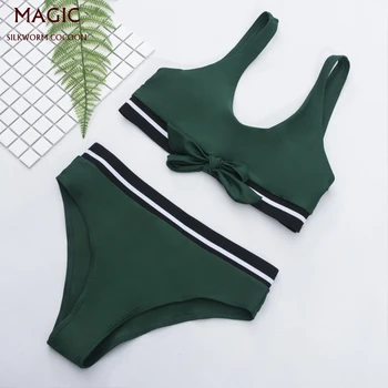 

Solid Color Green Bikini Set Women Sexy Vest Neckline Low Waist Swimsuit New Female Biquini Push Up Swimwear Bathing Suit Beach