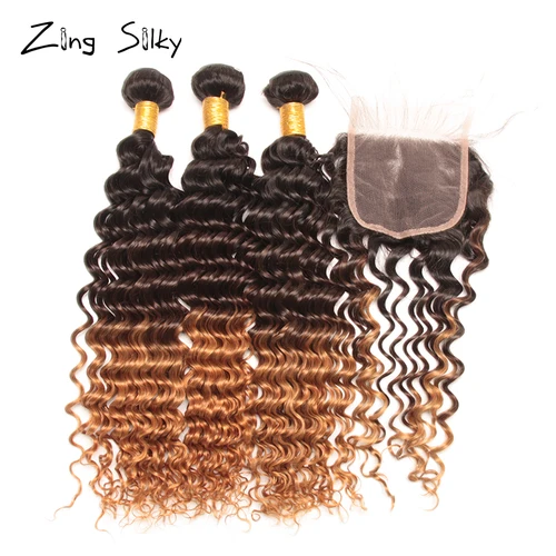 Deep Wave Ombre Bundles with Closure Colored 3/4 Brazilian Human Hair Bundles with Closure Remy Tissage Bresiliens Avec Closure Lahore