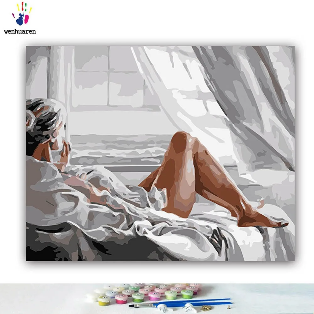 DIY картинки для раскраски по номерам с цветами утренняя женщина в белой рубашке картина Рисование Живопись по номерам в рамке дома