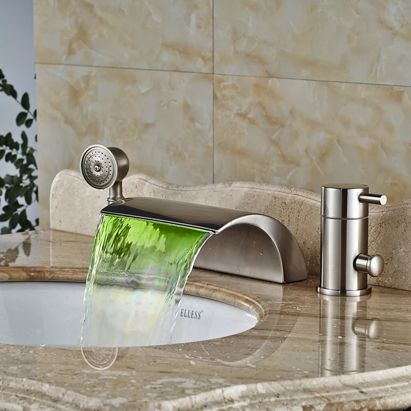 Luxury Deck Mount Color Changing LED Waterfall Tub Faucet Single Handle Brass Bathroom Bathtub Mixers