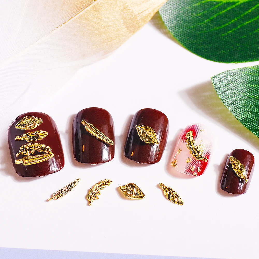 

100pcs Gold Rivet 3D Nail Decoration Metal Rhinestones Leaves willow leaves needles Leaves Metal Alloy Manicure Accessories