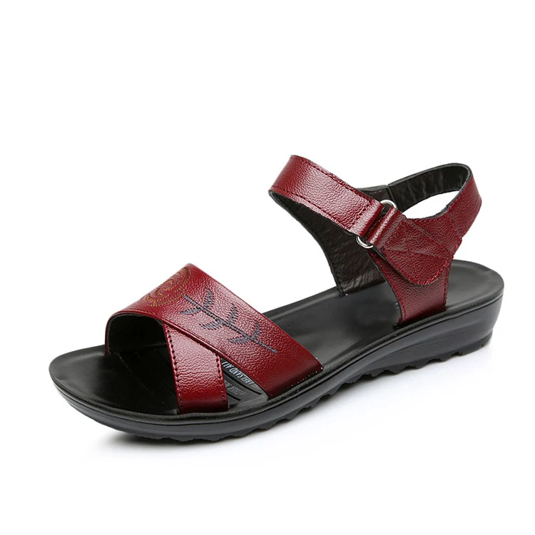 MVVJKE/; модные босоножки из натуральной кожи; женская летняя повседневная обувь; женская пляжная обувь с цветами; сандалии на плоской подошве - Цвет: Wine  Red