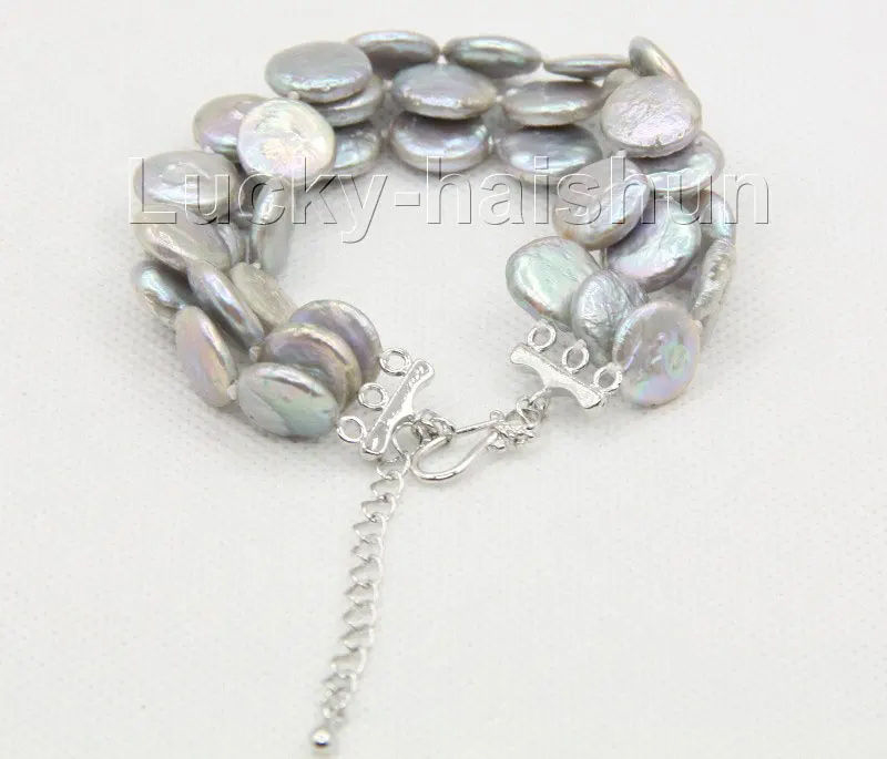 

Fast shippingadjustable 7"-9.5" 3row 12mm coin fastener gray pearls bracelet j10037