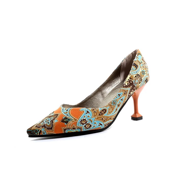 Туфли-лодочки женская обувь с цветочным узором без шнуровки с закрытым носком свадебные туфли-лодочки с острым носком на высоком каблуке, chaussures femme размера плюс 32-48 - Цвет: orange