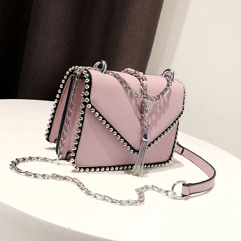 Сумки через плечо для женщин, кожаные сумки, роскошные сумки, женские сумки, дизайнерские сумки с заклепками, кисточкой, цепочкой, сумка через плечо - Цвет: Pink