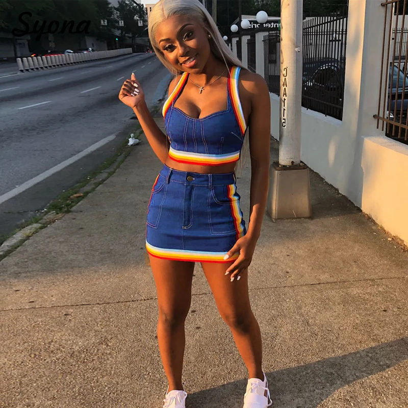 

Women 2 TWO PIECE SET Denim Skirts Striped Tank Top Crop Jeans Sleeveless Sexy Matching Suit Female Twin Set Mini Dress Ensemble