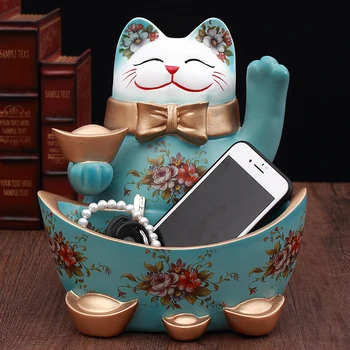 

Lucky Resin Cute Cat Decoration Home Figurines Craft Decor Snacks Key Storage Box Plate Shop Opening Gift Office Coffee Ornament