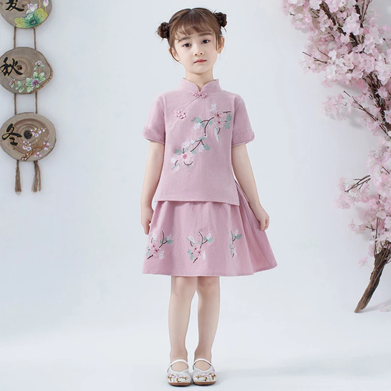 Lovely Girls Cheong-sam 2PC Chinese Traditional Style Han Fu Baby Retro Dress Children Summer Casual Cotton Linen Dresses