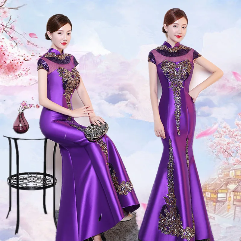 Фиолетовый Cheongsam для женщин традиционное платье пикантные Свадебные Qipao вышивка китайский Восточный платья для Vestidos Formales Длинные