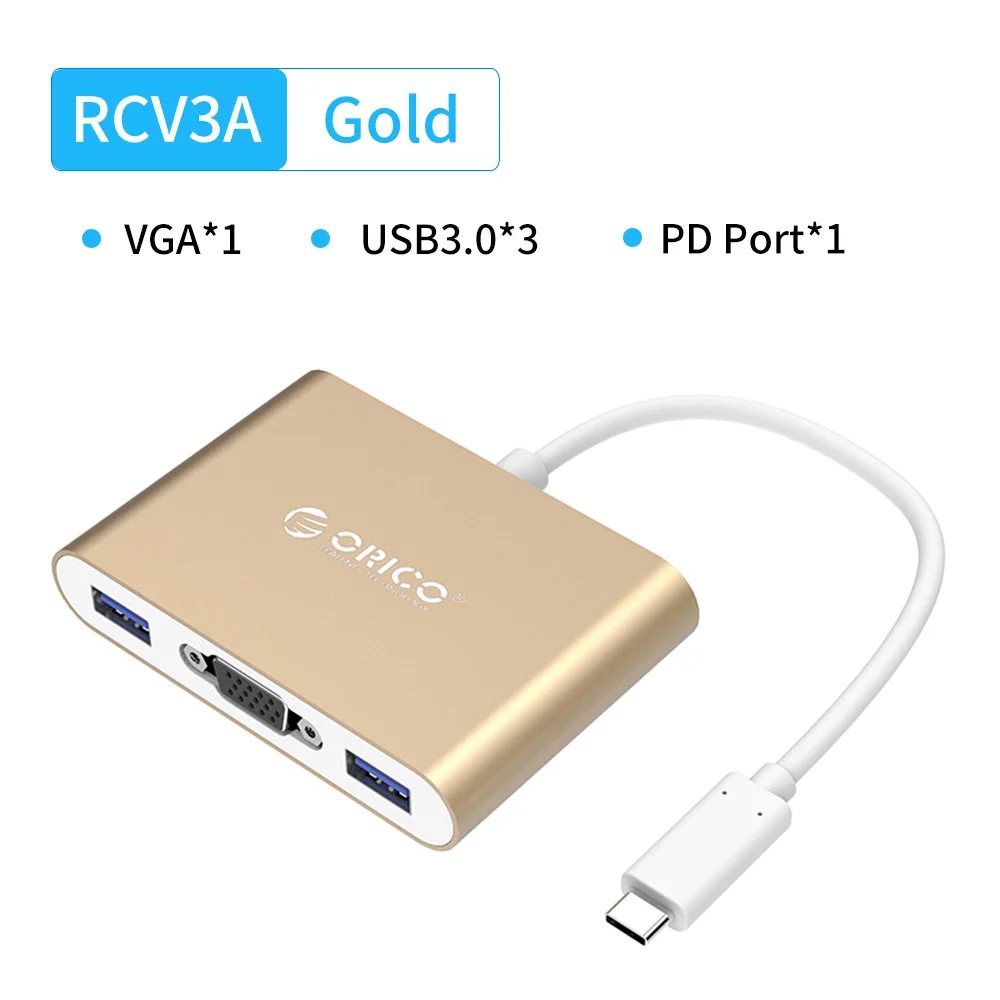 ORICO USB C концентратор тип-c к мульти USB3.0 HDMI/VGA/RJ45/SD TF кардридер разветвитель PD зарядный адаптер док-станция для ноутбука Macbook Pro - Цвет: RCV3A Gold