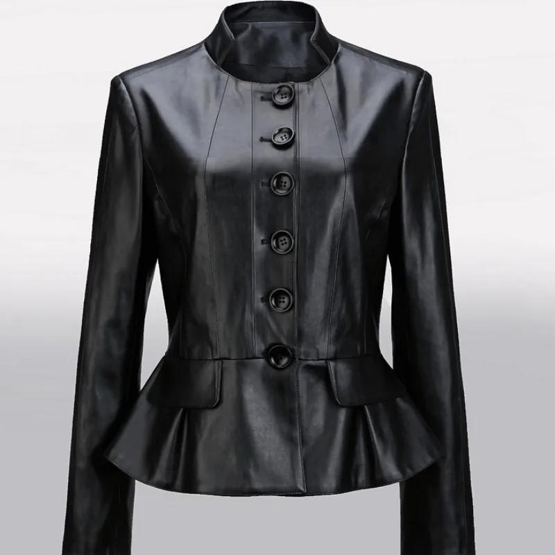 Весенняя женская кожаная куртка из натуральной овчины, черная коричневая одежда, женская сексуальная тонкая короткая куртка с пуговицами и оборками
