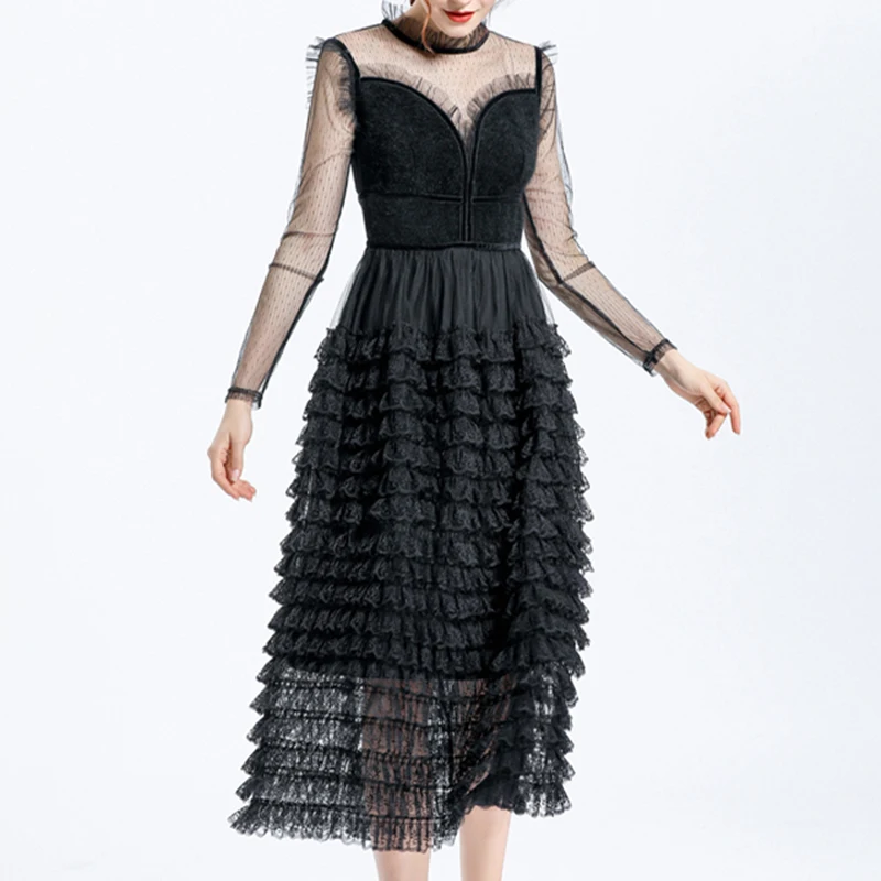 

Sexy Black Dress 2019 A-Line Long Sleeve Dress Women See Through Turtule Neck Tea Length Ladies Dress Elegant Party Dress