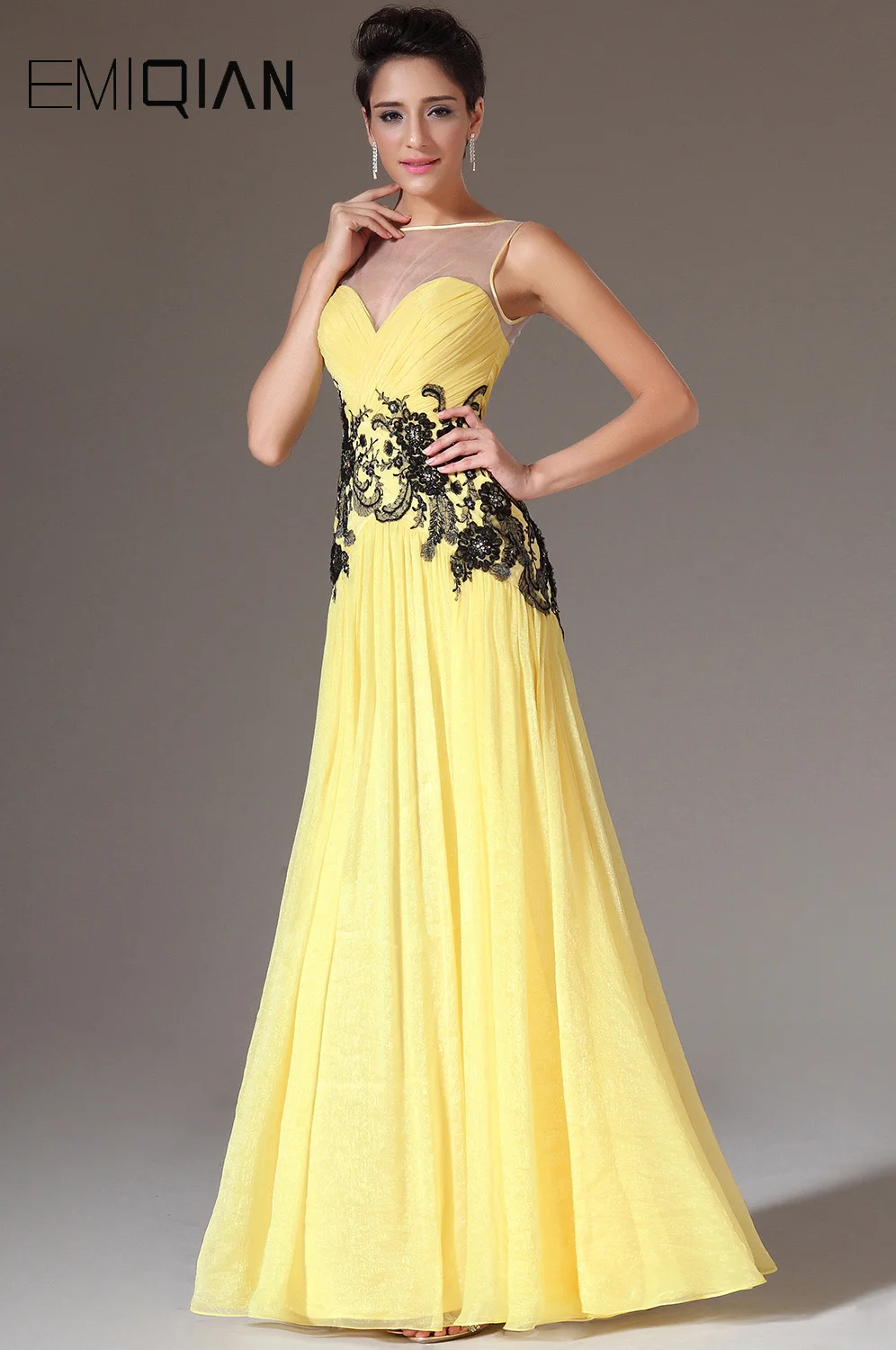 Комплект из желтых шифоновая шаль Топ А-силуэта легкая, Милая шеи платье для выпускного вечера с аппликацией