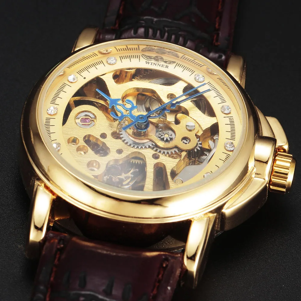 WINNER часы для женщин роскошный золотой Стальной чехол Стразы циферблат даты Скелет автоматические механические коричневый кожаный ремешок наручные часы