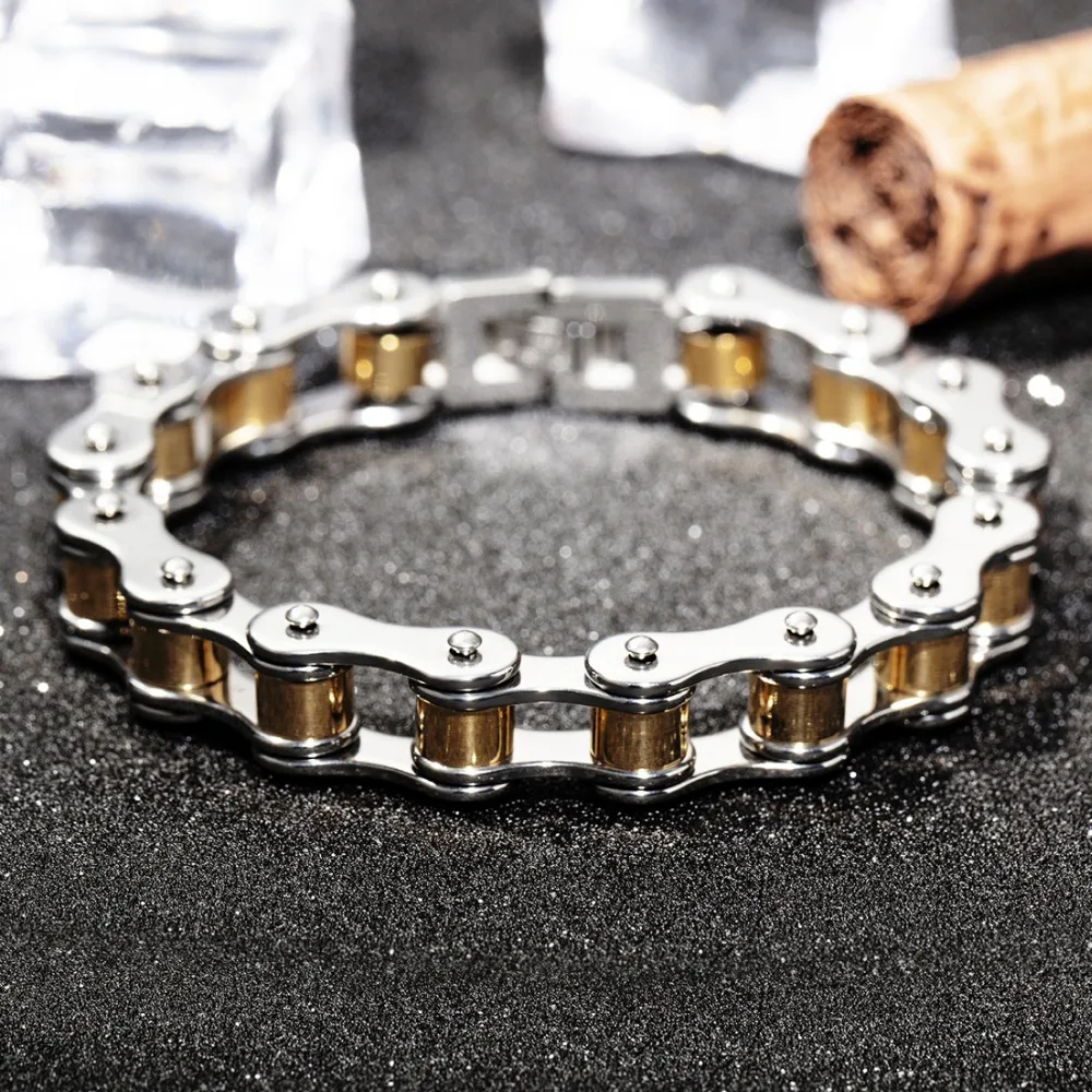 12mm Friend Gift Stainless Steel Silver Color And Gold Motorcycle Biker Bicycle Chain Jewelry Mens Womens Bracelet Bangle | Украшения и