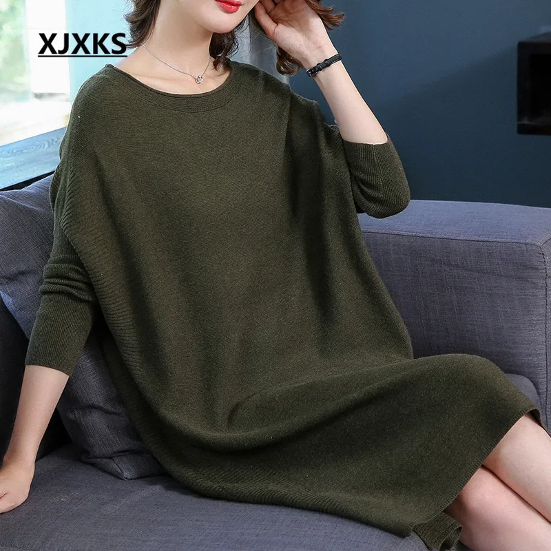

XJXKS Women Autumn Winter Sweater Knitted Dresses High Elasticity Loose Vintage Oversized Fashion Women's Dress