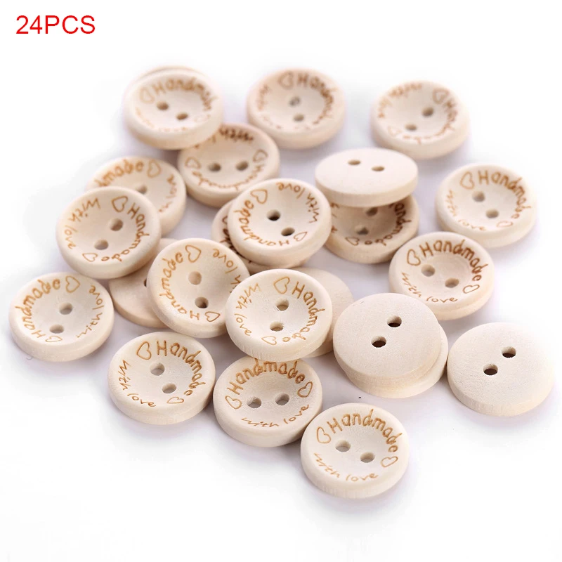

24Pcs/Set Love Heart DIY Buttons Laser Engraving Sewing Accessories Mixed Wooden Buttons Natural Color